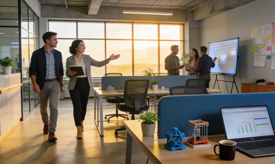 Bureau lumineux où des personnes discutent